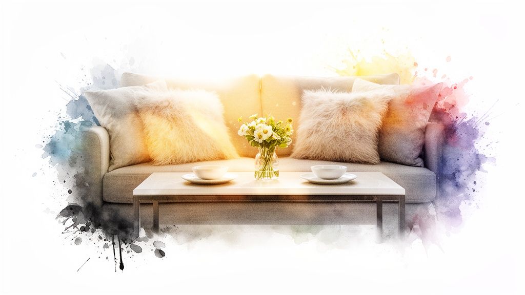 Bright living room with a sofa, fluffy cushions, flowers, and two bowls, framed by colorful watercolor splashes.