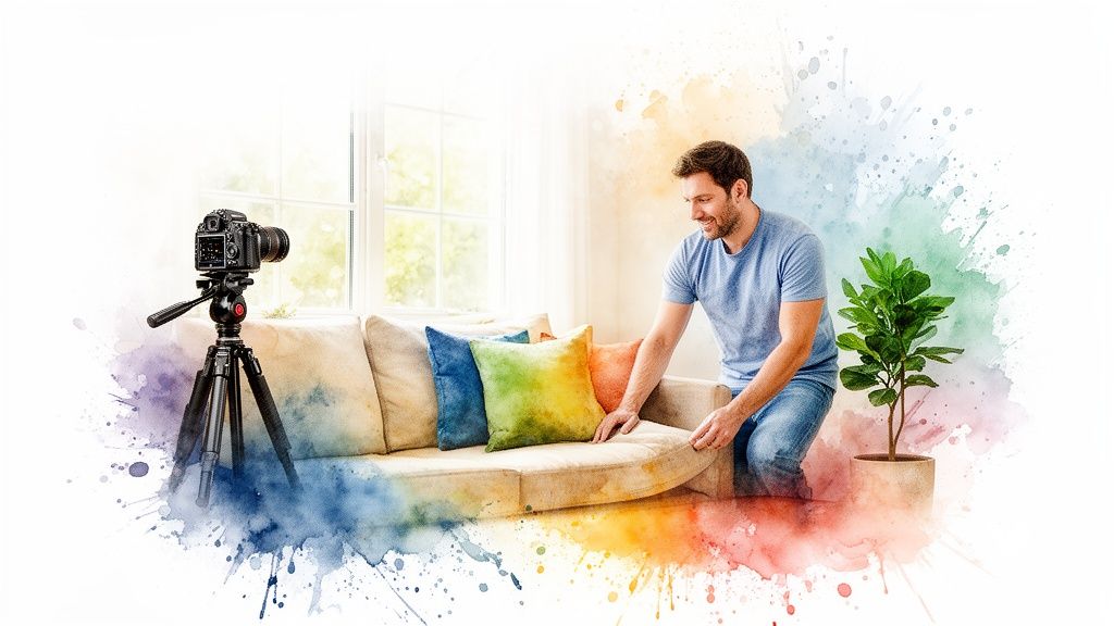 A man setting up a living room scene with a camera on a tripod, surrounded by colorful splashes.
