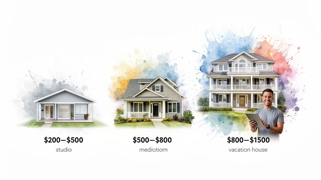 Three houses of increasing size, priced from $200-$500 to $800-$1500, with a man holding a tablet.