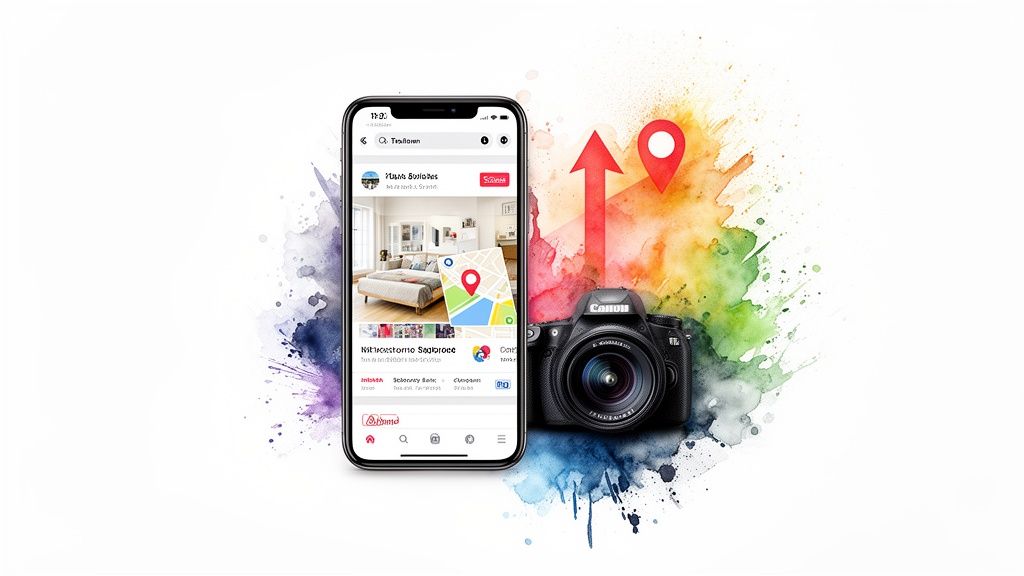 Smartphone displaying property listings and map next to a DSLR camera with colorful watercolor splashes.