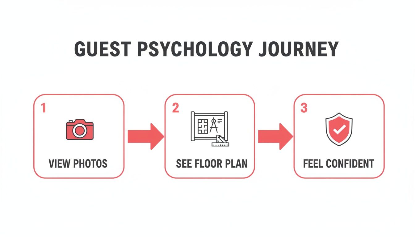 Infographic illustrating the guest psychology journey: view photos, see floor plan, then feel confident.