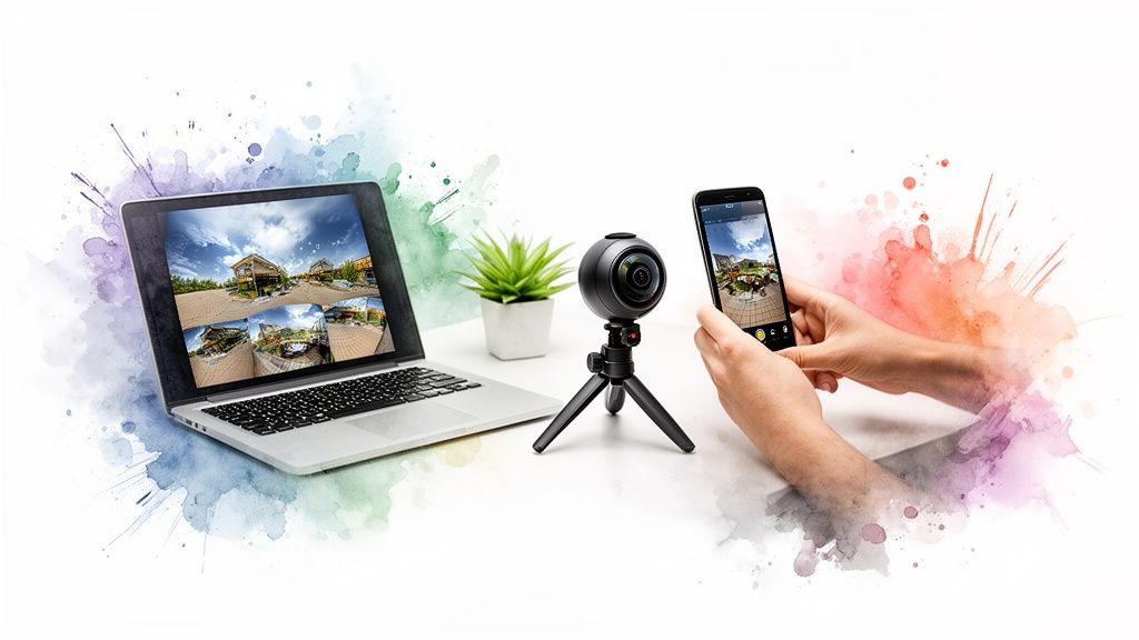 A spherical 360 camera, laptop, and smartphone showcasing immersive panoramic photos on screens.