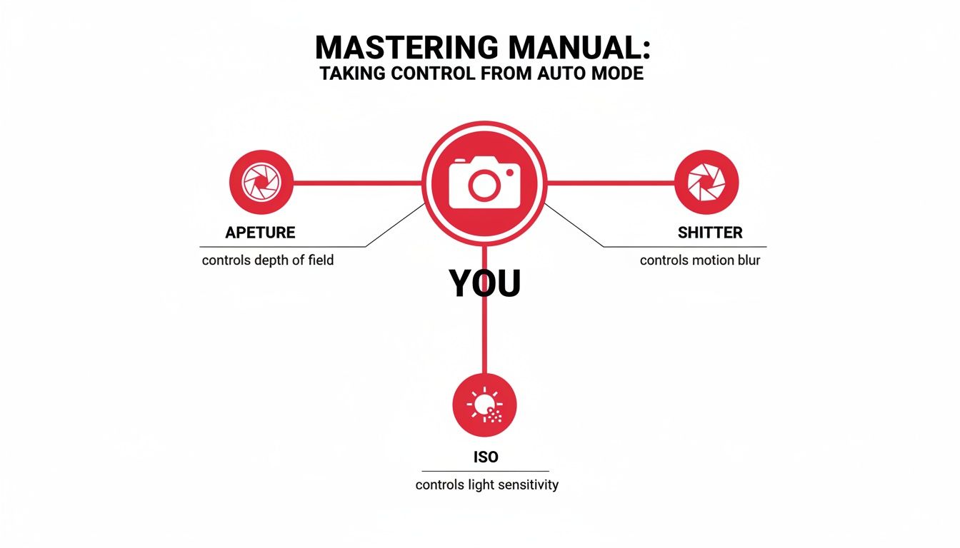 A diagram illustrating the three key elements of manual photography: Aperture, Shutter, and ISO, controlled by the user.