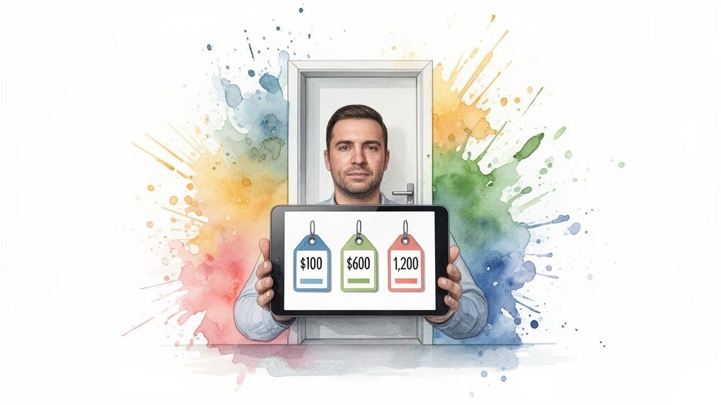 Man in a doorway holding a tablet displaying three price tags: $100, $600, $1,200.
