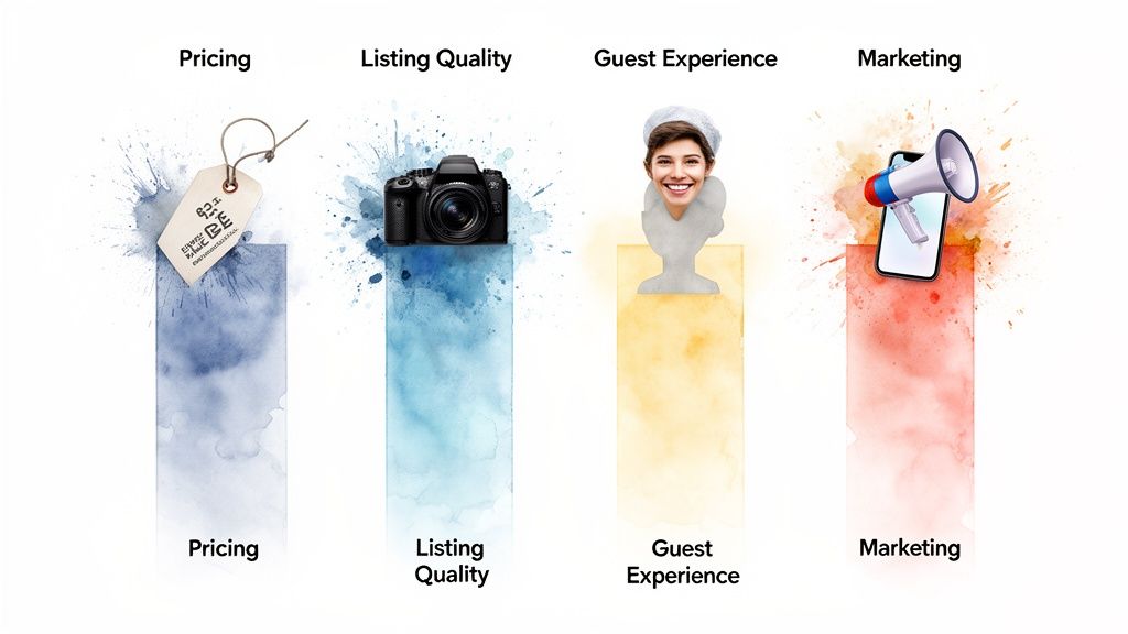 Four key factors influencing short-term rental success: pricing, listing quality, guest experience, and marketing.