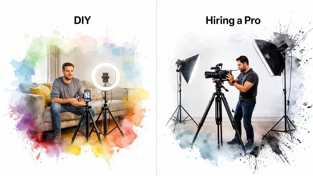 Image contrasting a DIY video setup with a man and ring light, versus a professional videographer with studio equipment.