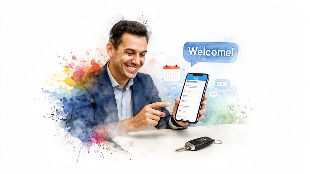 A smiling man pointing at a smartphone app, with car keys and a 'Welcome!' speech bubble.