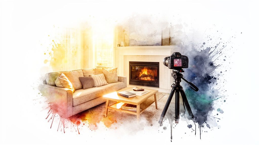 A creative watercolor blend of a cozy living room interior and a professional camera on a tripod.