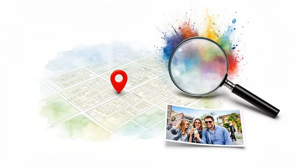 A map with a red location pin, a magnifying glass with colorful splatters, and a photo of smiling friends.