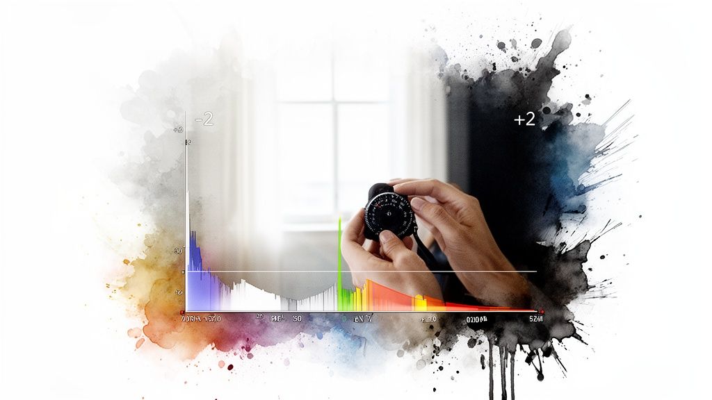 Hands adjusting a light meter, overlaid with a histogram showing exposure settings and colorful watercolor splatters.