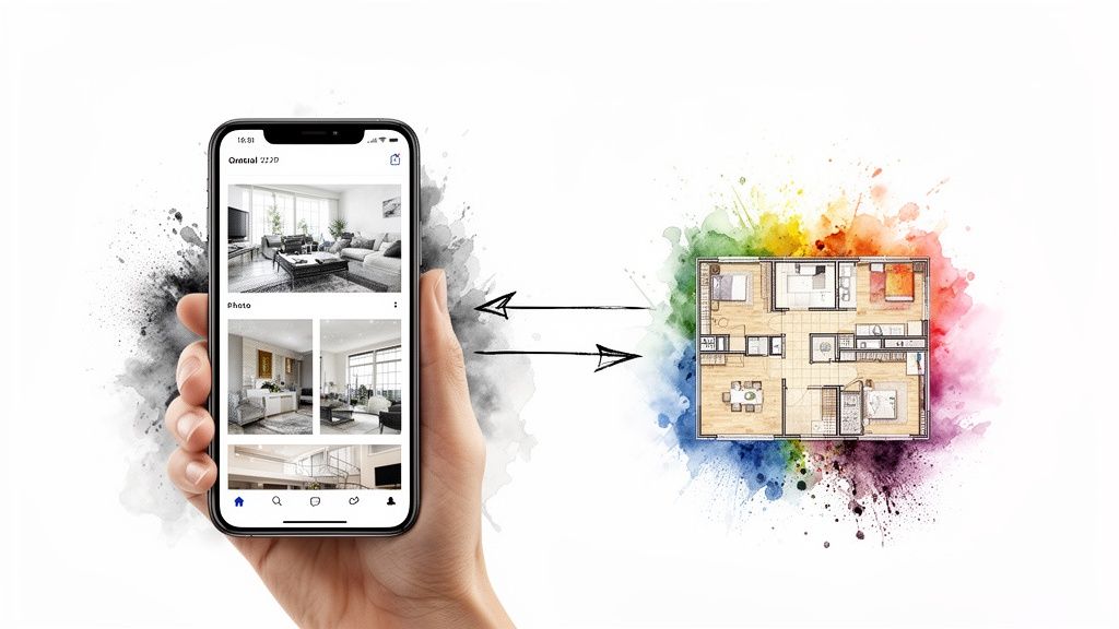 A hand holding a smartphone showing property photos, with arrows pointing to a colorful architectural floor plan.