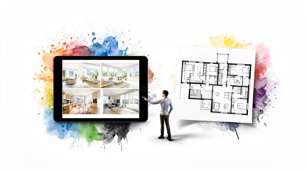 A man points at a tablet displaying apartment photos, next to a detailed house blueprint.
