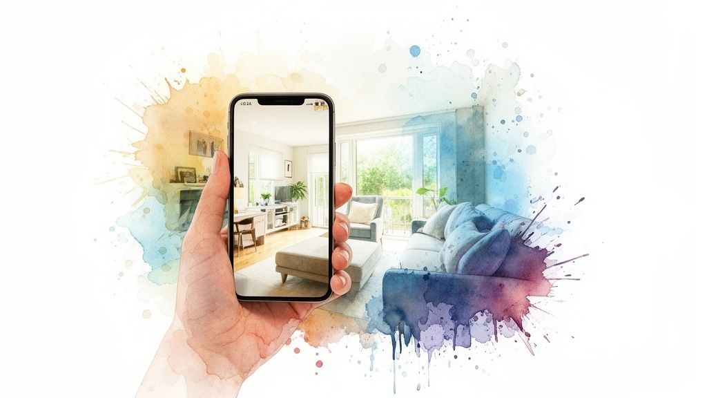 A hand holds a smartphone displaying a realistic living room, blending with a watercolor artistic background.