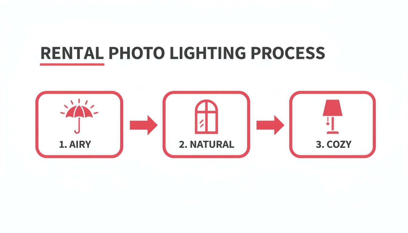 Diagram showing the rental photo lighting process with three steps: airy (umbrella icon), natural (window icon), and cozy (lamp icon).