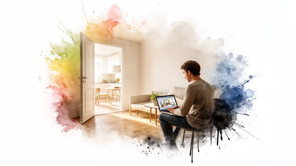 A man works on a laptop displaying a modern interior, surrounded by colorful watercolor splashes.