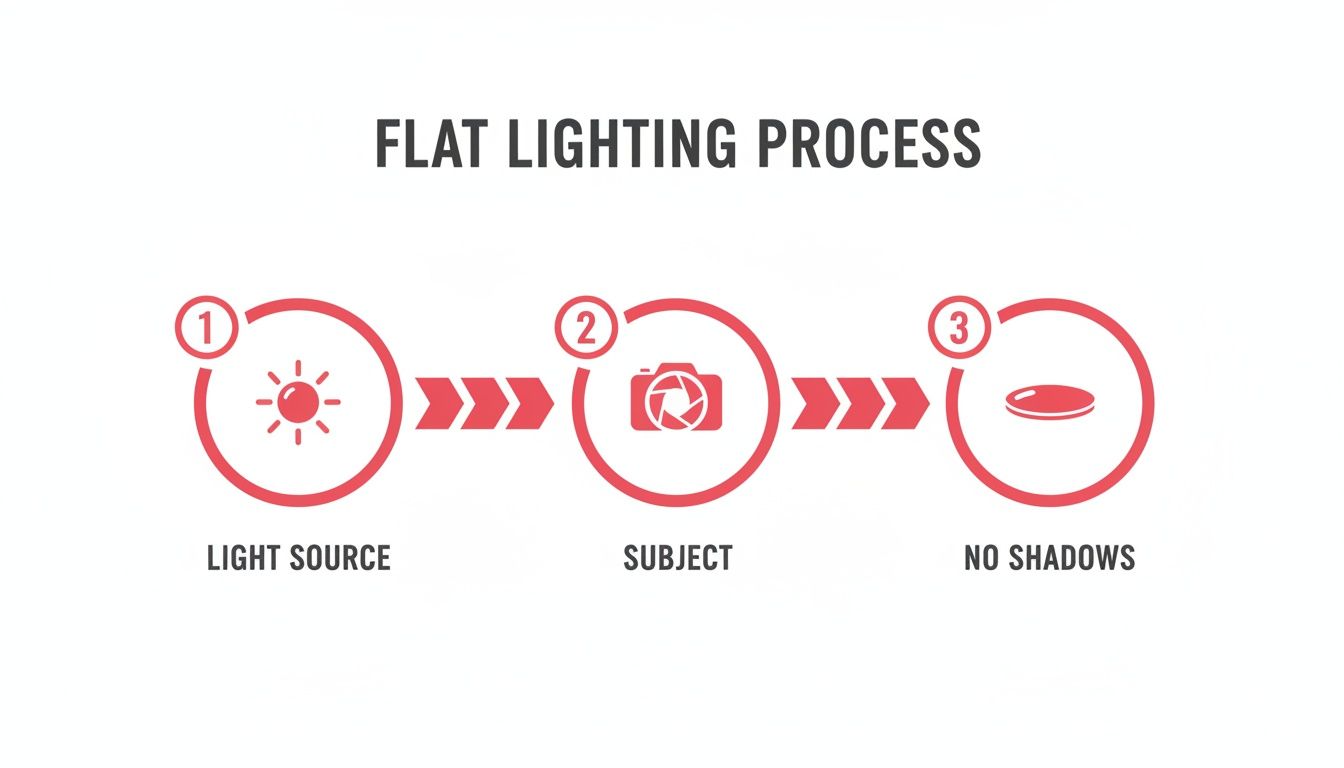 Infographic showing the flat lighting photography process from light source to subject, resulting in no shadows.