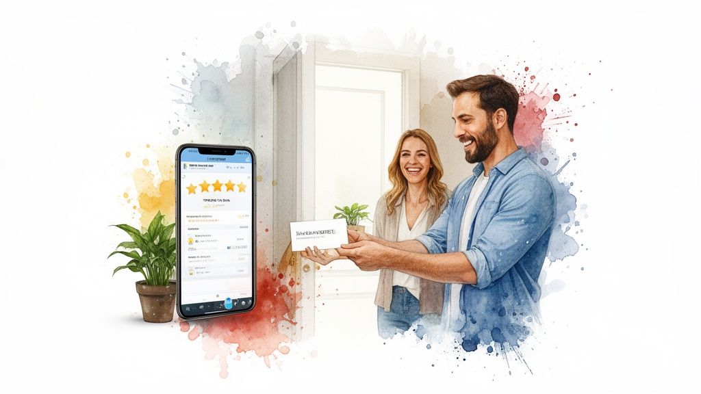 Smiling couple shows a good review on a smartphone with a five-star rating, watercolor style.