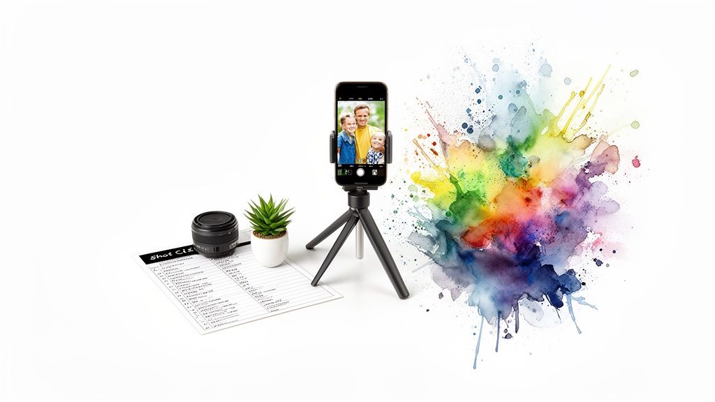 A creative photography setup featuring a smartphone on a tripod, camera lens, and vibrant watercolor splash.