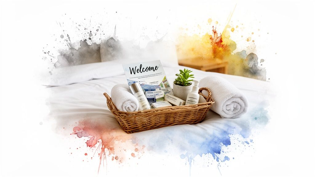 A woven basket filled with welcome amenities, toiletries, and towels on a clean white hotel bed.