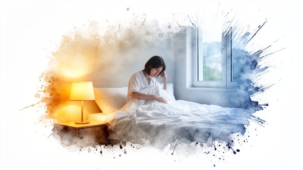 A thoughtful woman on a bed, illuminated by a warm lamp and a cool window, with a watercolor effect.