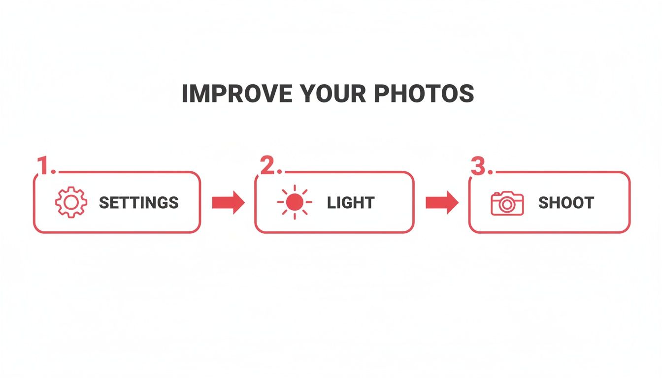 A three-step visual guide showing how to improve photos: 1. Settings, 2. Light, 3. Shoot, with icons.