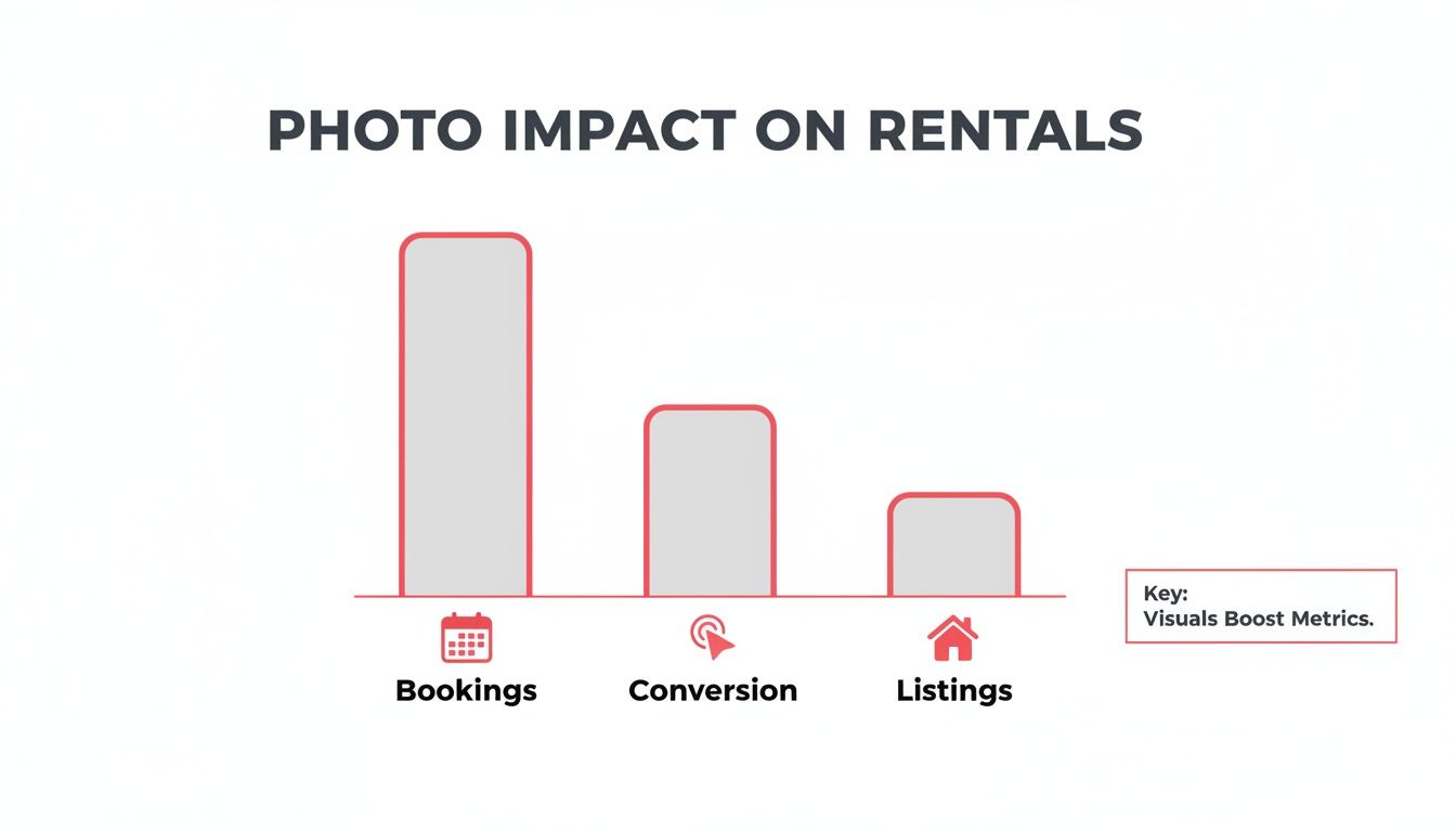 Bar chart illustrating photo impact on rental bookings, conversions, and listings, with bookings showing the highest impact.