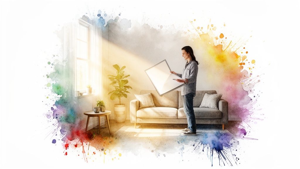 A person holds a white board in a sunlit living room with colorful watercolor accents.