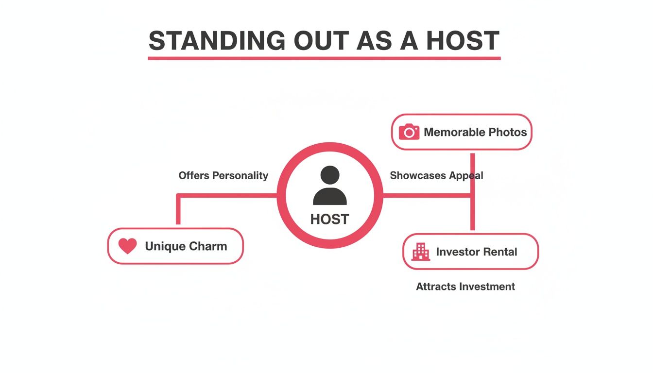 A diagram titled 'Standing Out As A Host' showing how a host stands out through unique charm, memorable photos, and investor rental.