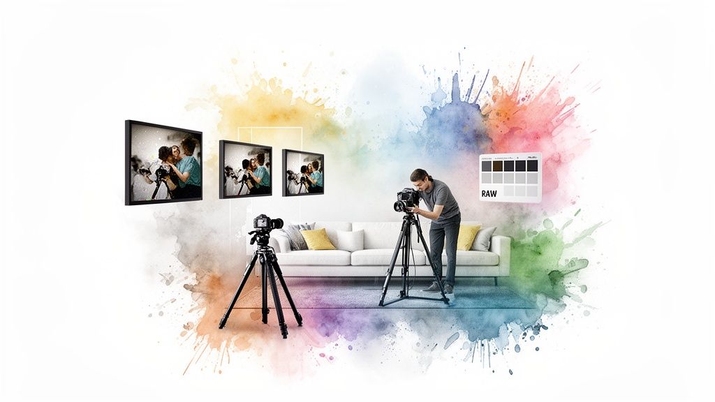 A photographer adjusts a camera on a tripod, surrounded by other equipment and framed images, against a vibrant watercolor background.