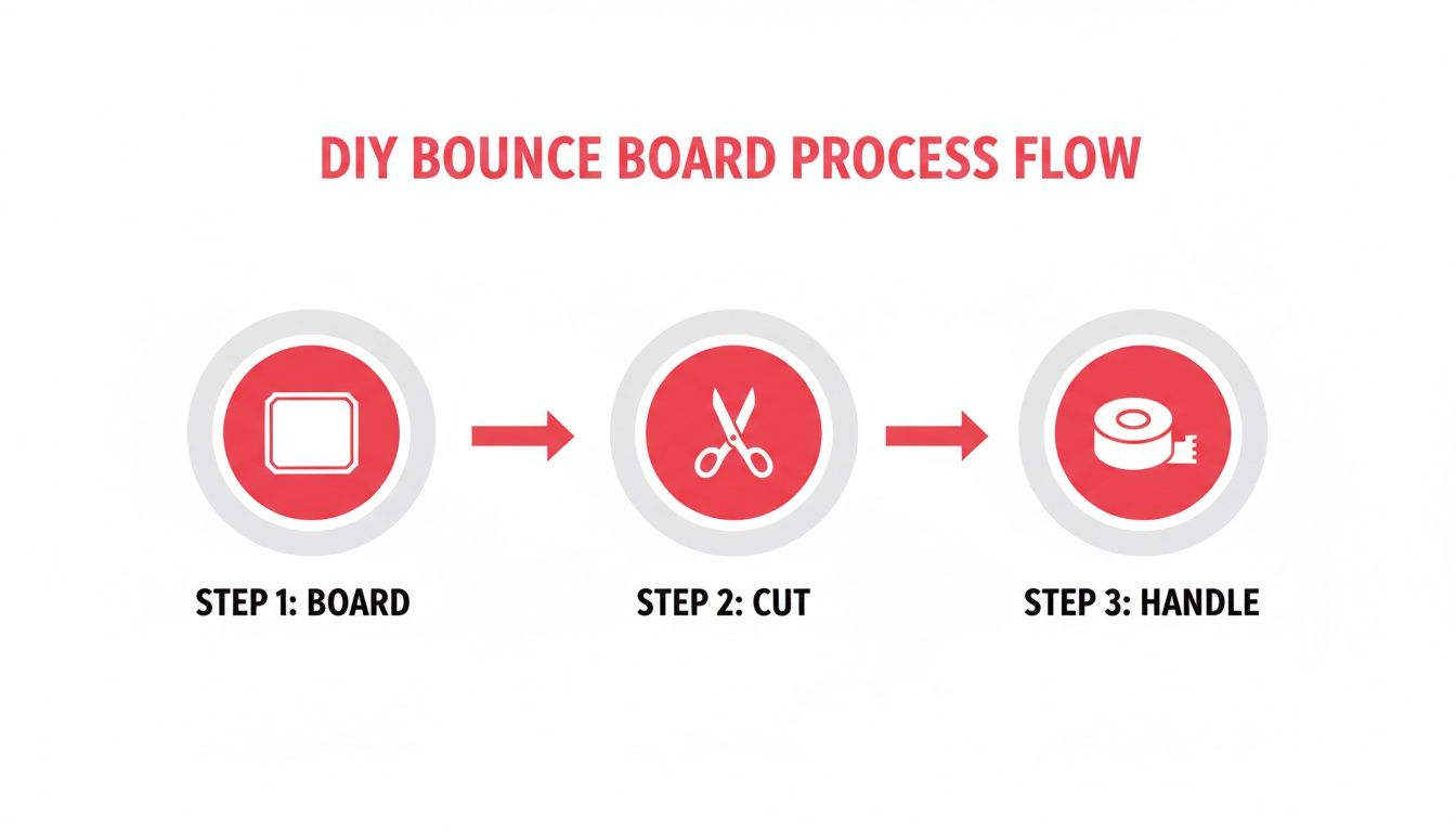 Three-step DIY bounce board process flow with icons for board, cutting, and handling.