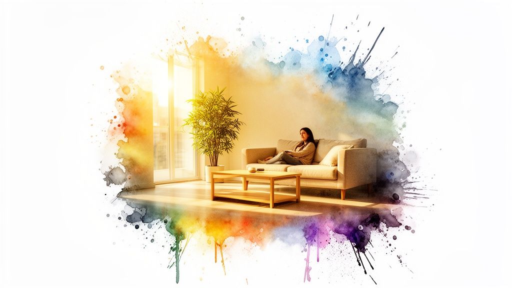 A woman relaxes on a sofa in a sunny room with a plant, framed by colorful watercolor art.