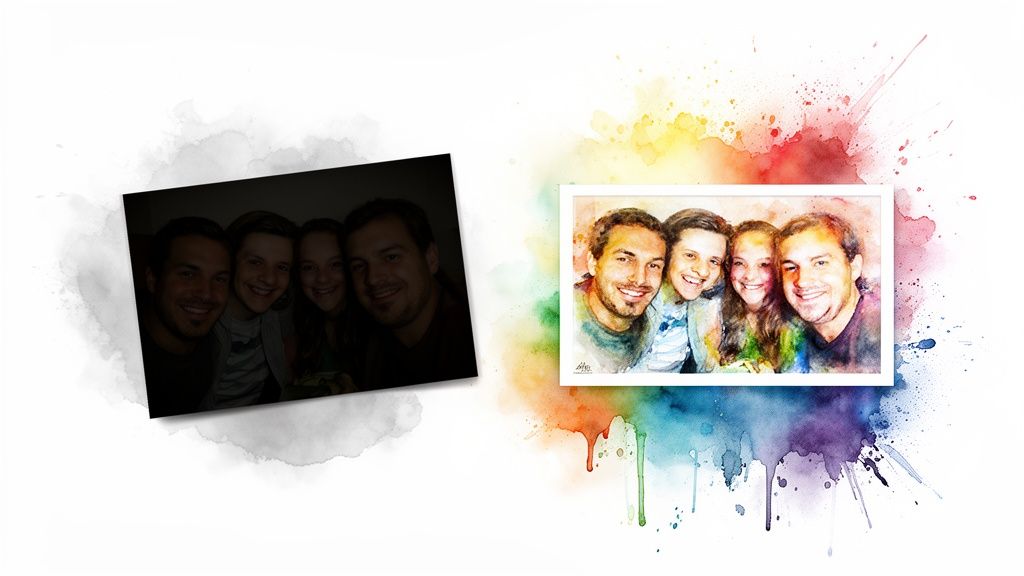 A dark original photo of five friends contrasted with a bright, artistic watercolor portrait.