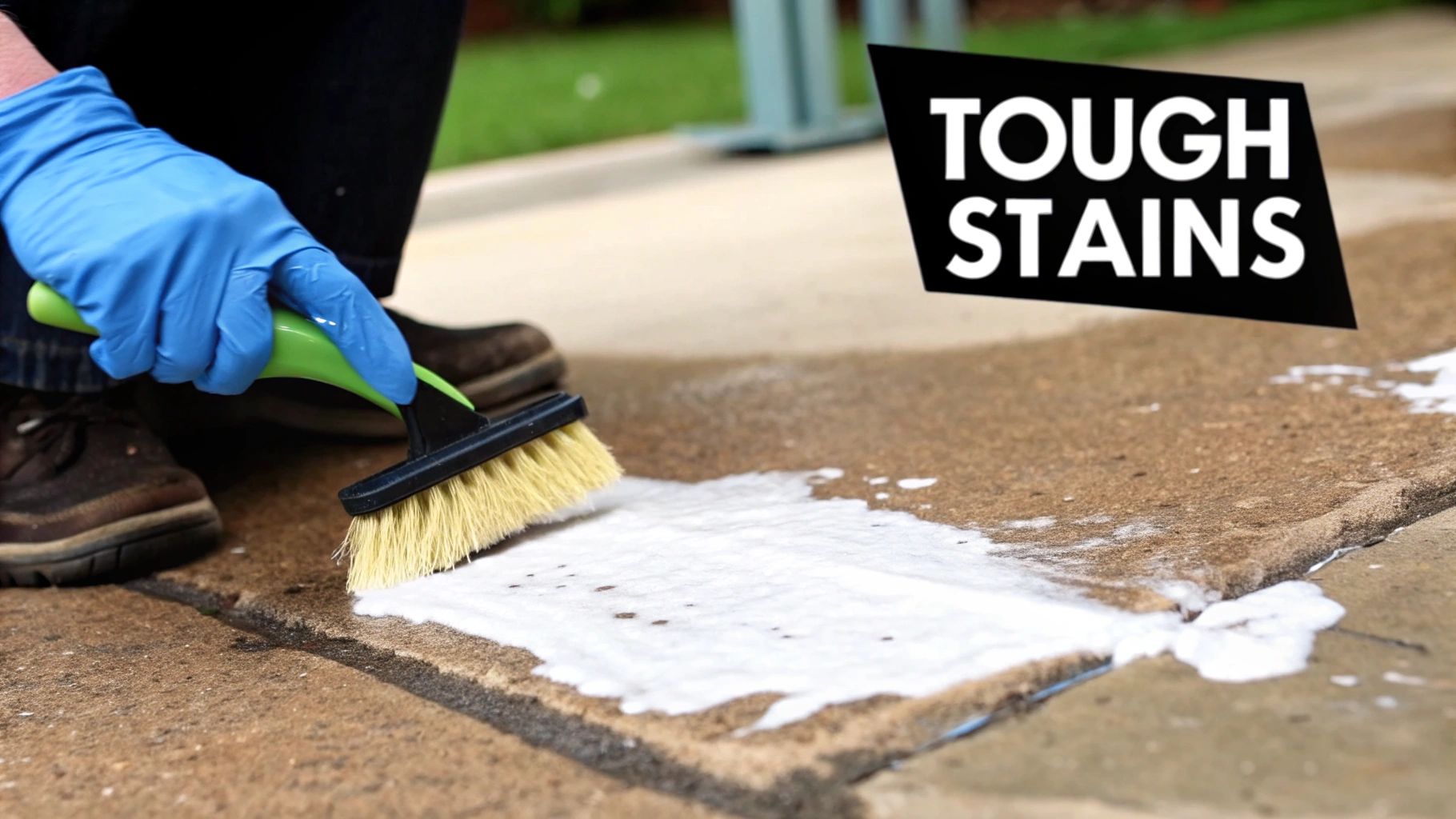 A close-up of a person using a cloth and a natural paste to clean a stubborn stain off a concrete floor.