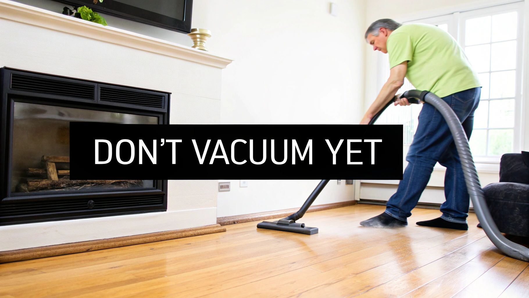 Woman vacuuming living room floor, looking tired.