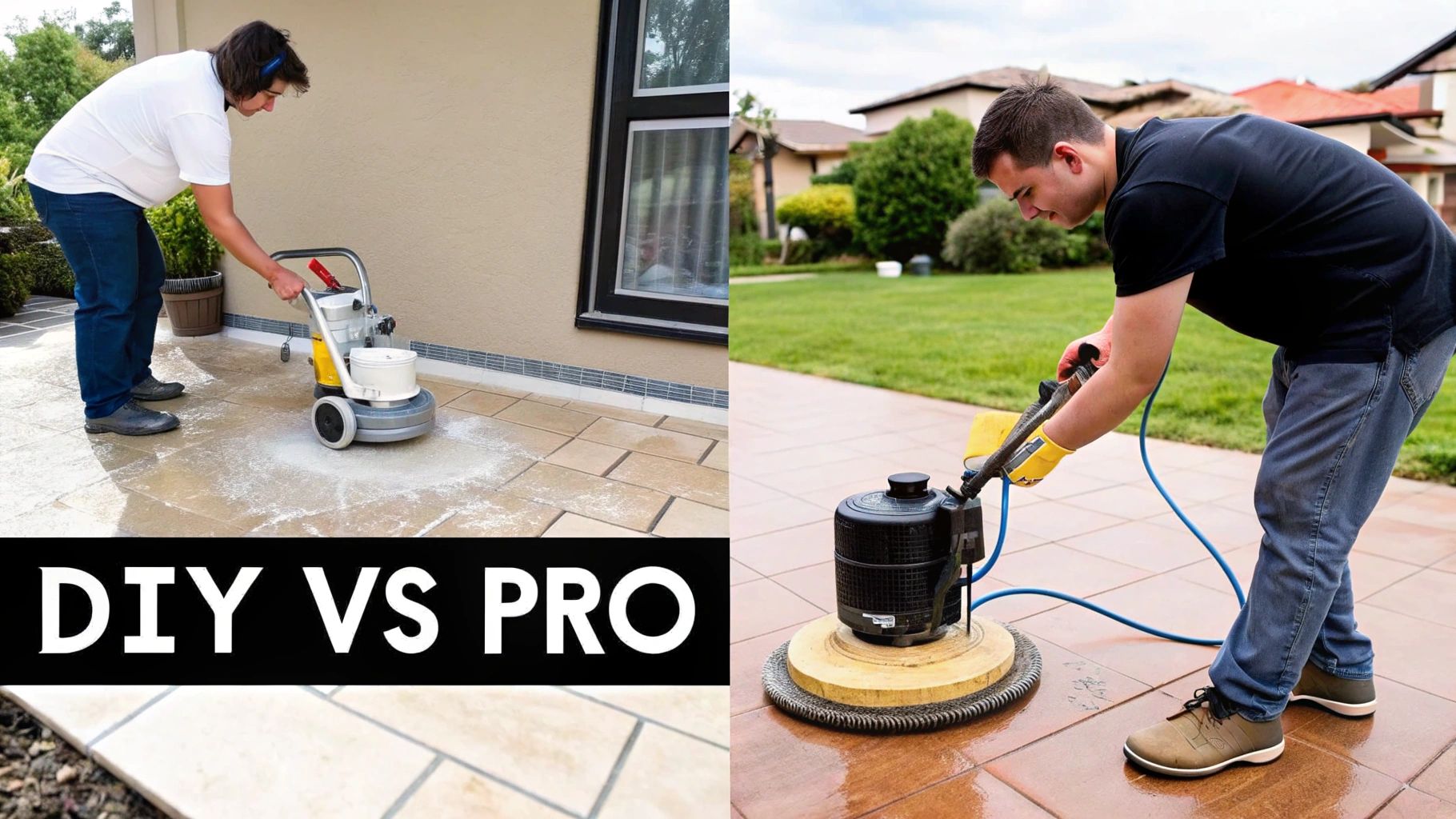 A professional cleaner using specialized equipment to deep clean a tile floor, illustrating the factors that drive cleaning costs.