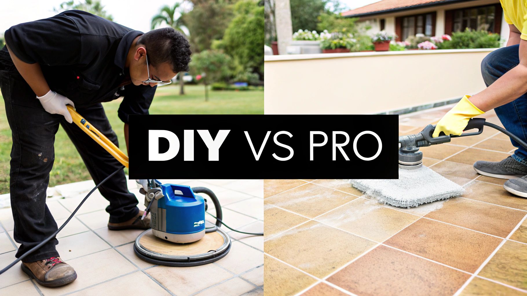 A person on their hands and knees scrubbing a tile floor with a brush.