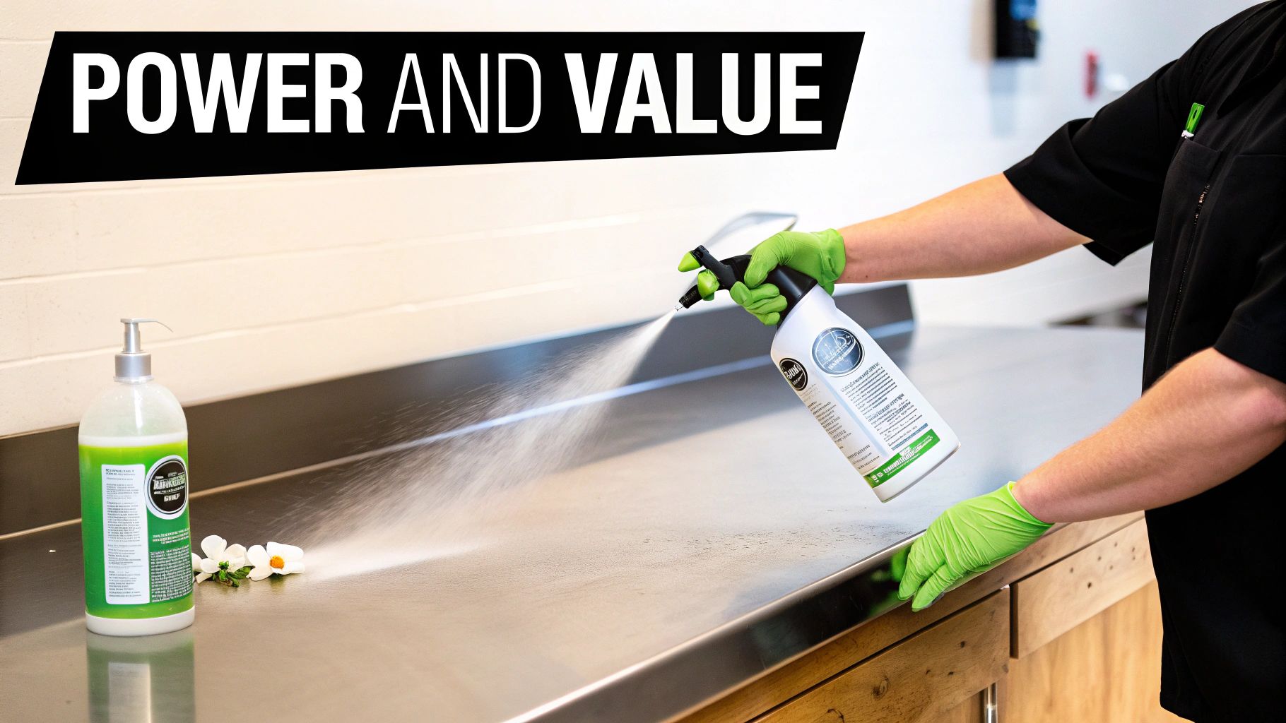 A person's hands in yellow gloves using a spray bottle and cloth to clean a white surface.