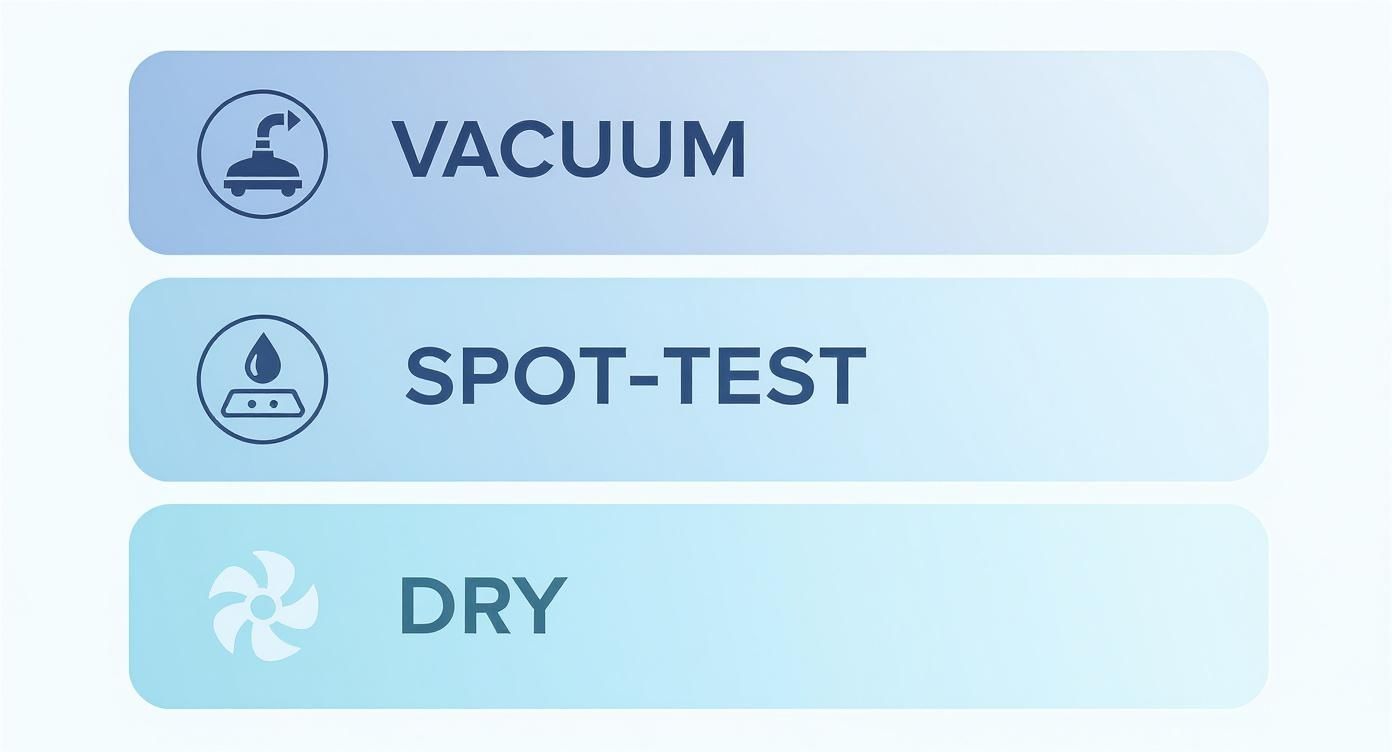 Three light blue steps with icons: Vacuum, Spot-Test, and Dry, indicating a cleaning process.