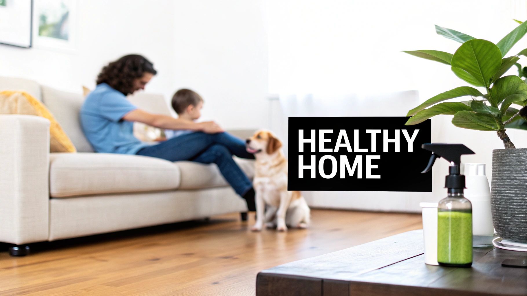 Family relaxing on couch with dog in bright clean living room with green cleaning products