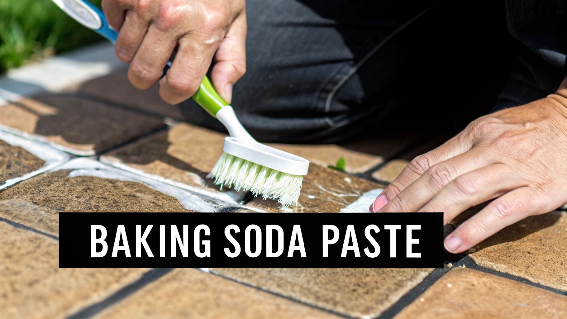 Close-up of a person scrubbing white tile grout with a brush using a natural cleaning paste.