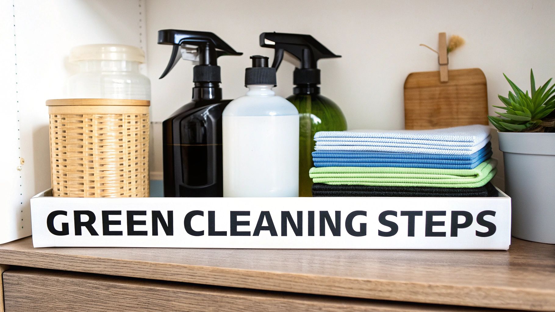 A family happily cleaning their kitchen together with green products.