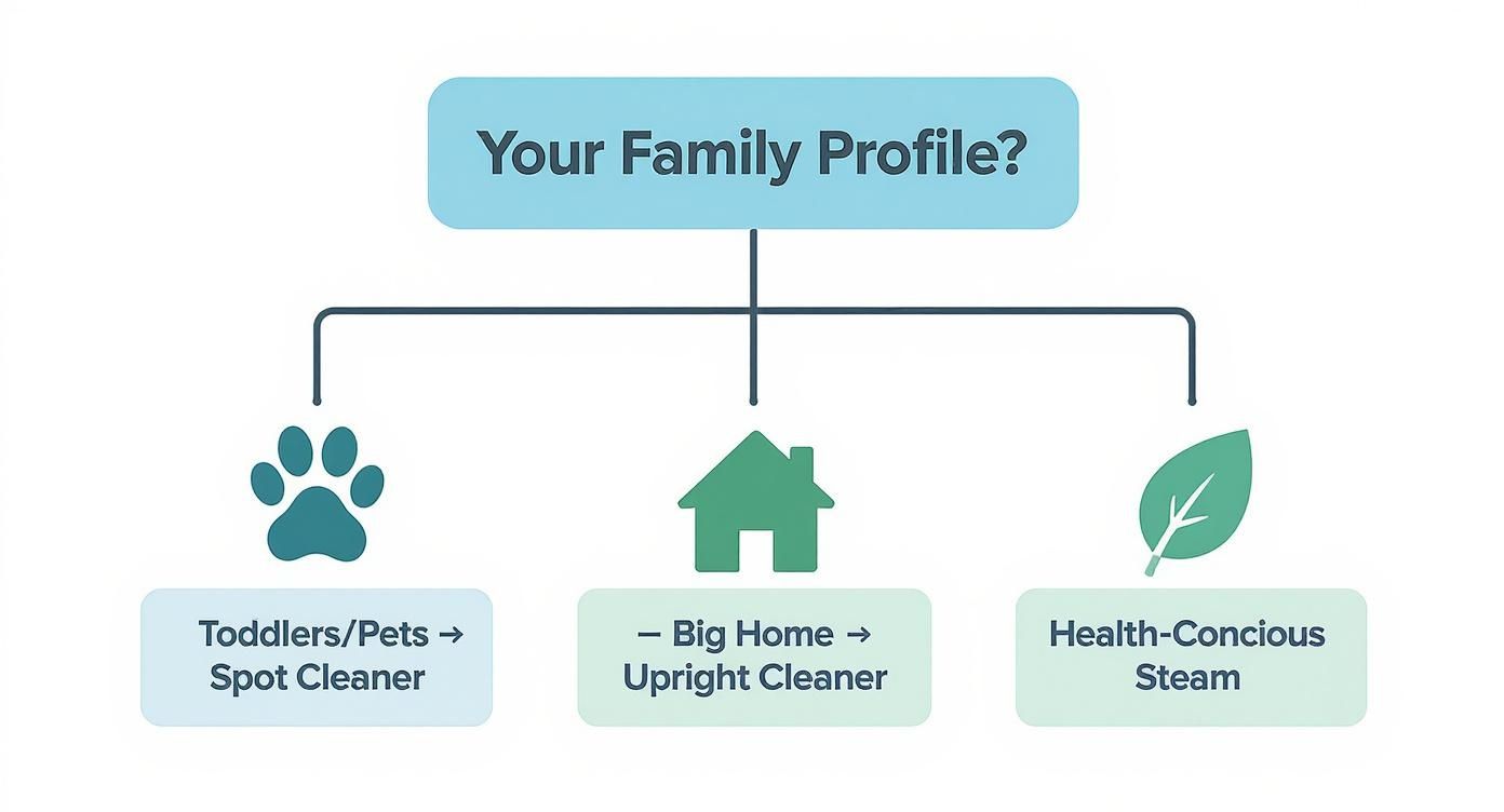 Infographic decision tree to help families choose the right upholstery cleaner based on their profile, such as having toddlers, a large home, or health concerns.