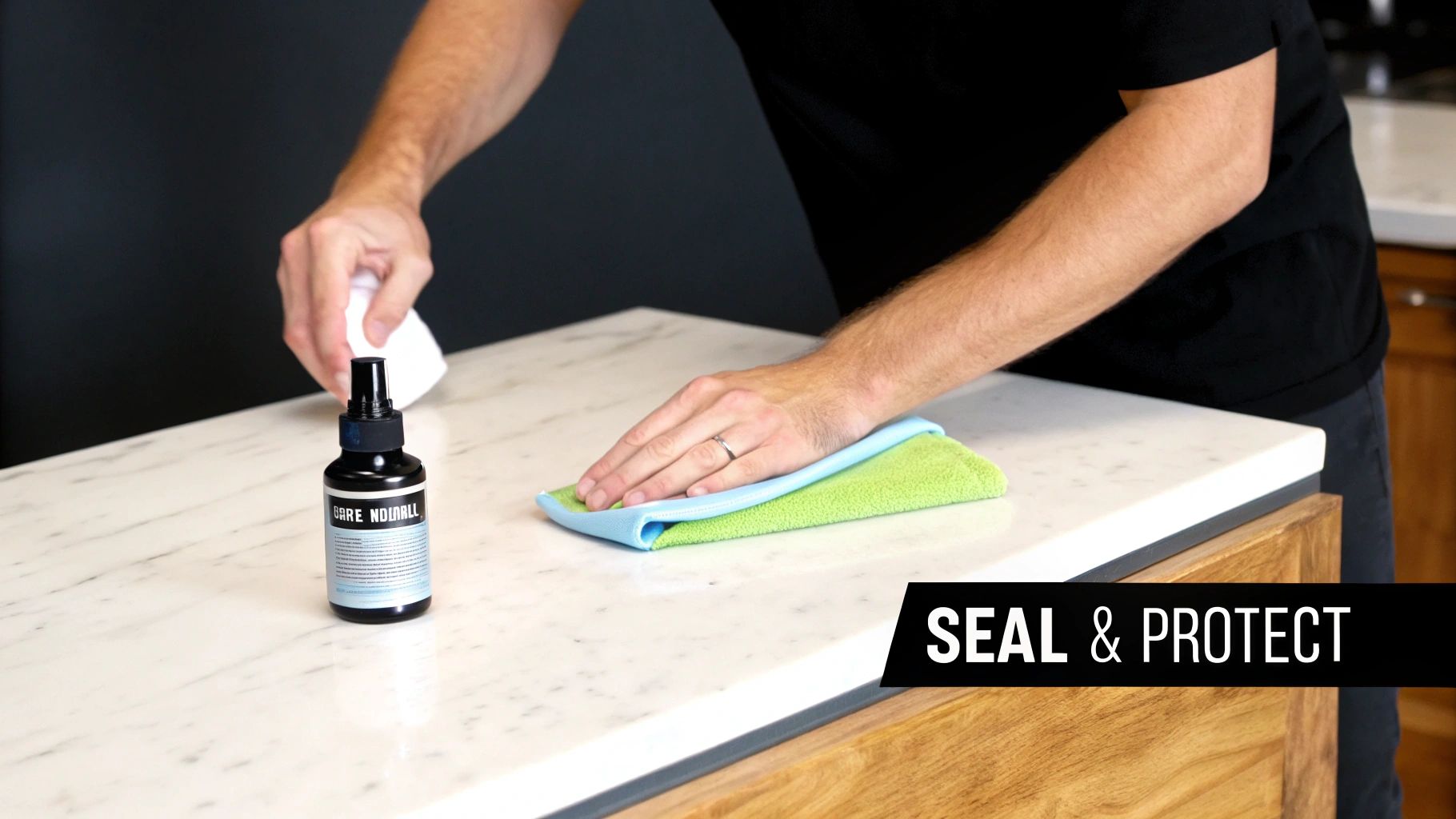A person's hand in a protective glove applying sealer to a polished marble countertop with a soft, white cloth.