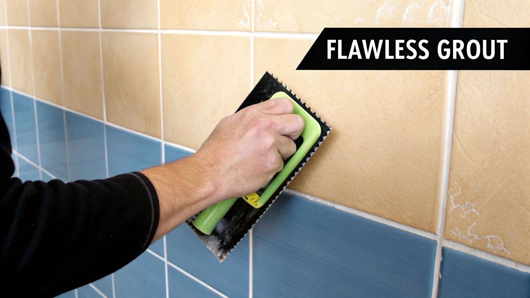 A person applying new, white grout to tiles with a grout float.