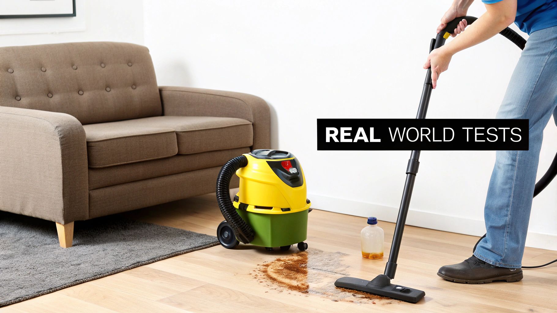 Family cleaning sofa with a portable spot cleaner and upright machine in the background
