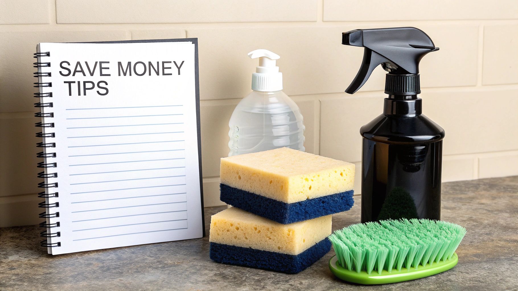 A person smiling while mopping a clean tile floor, representing smart maintenance to save money.