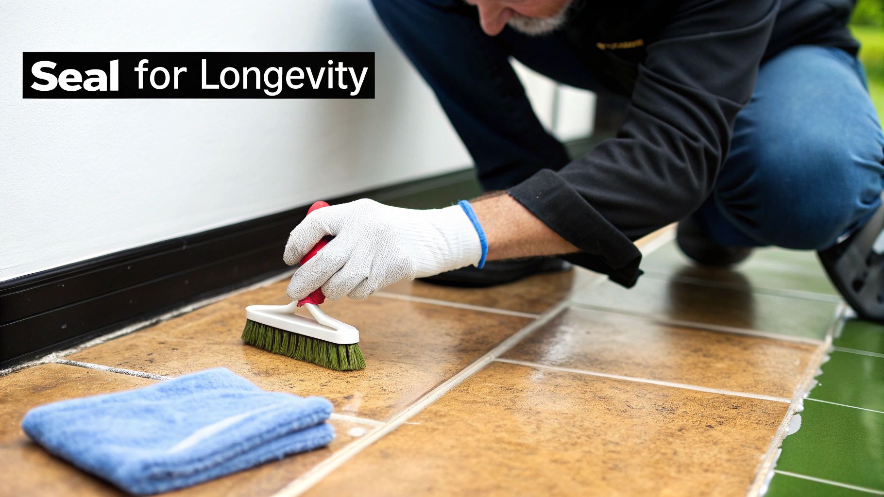 A hand applying sealer to fresh grout lines between white subway tiles with a small brush.
