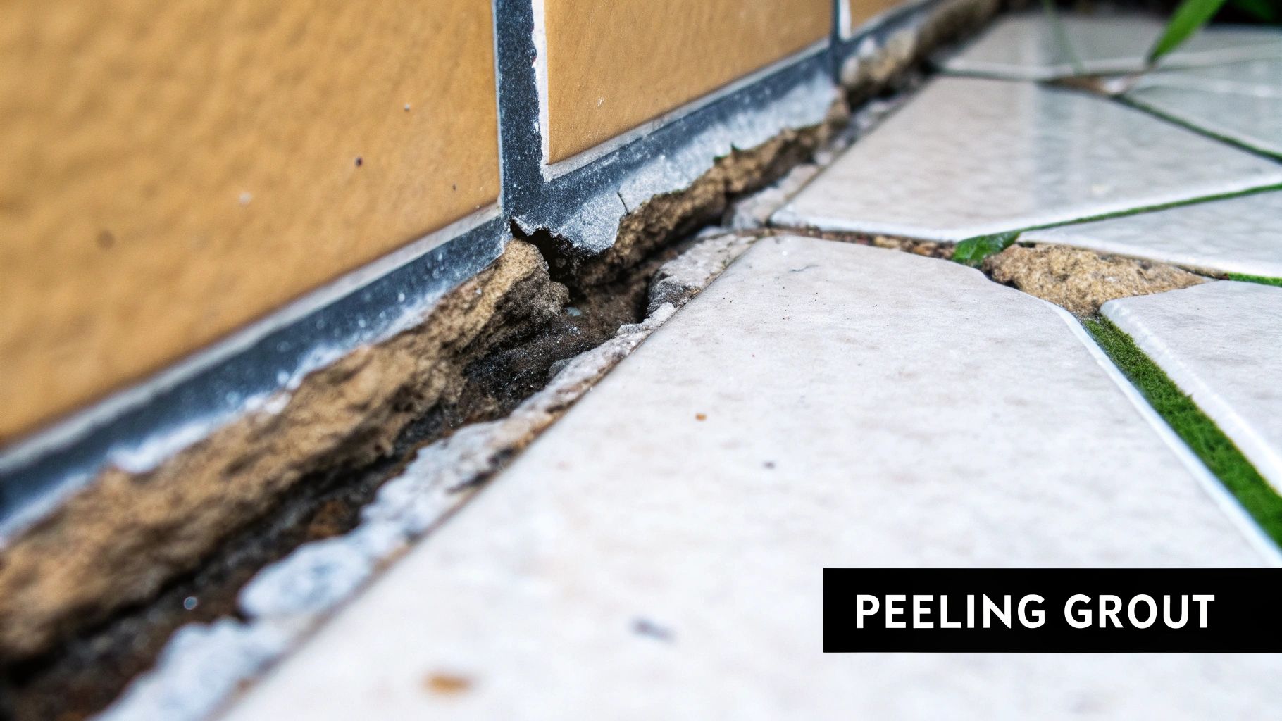 A close-up of a person removing old grout from between tiles.