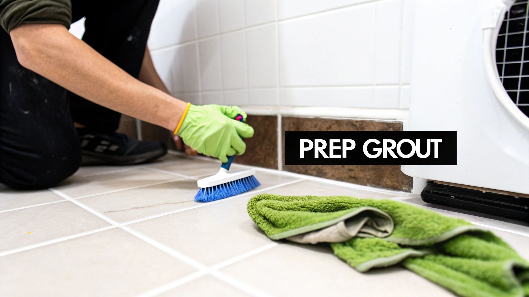A person preparing tools to seal grout on a tiled floor.