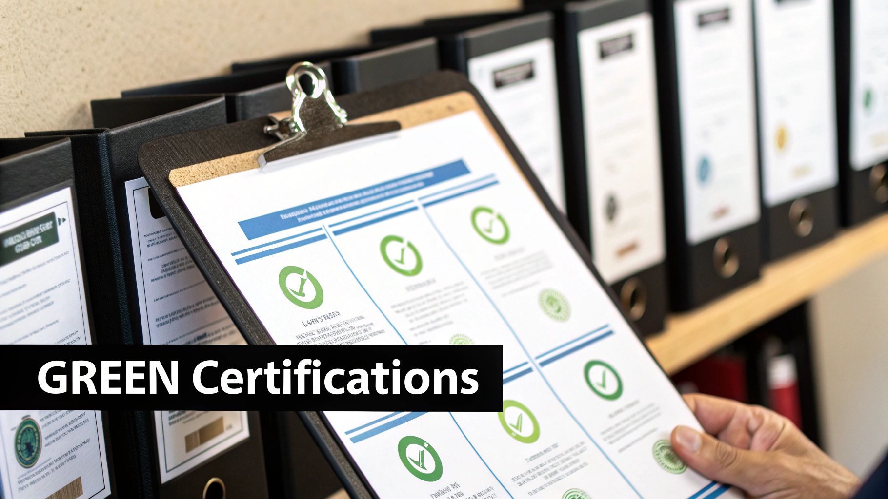 Person reviewing green environmental certifications on clipboard with checkmark icons for eco-friendly cleaning services